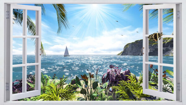 Window with a view of the ocean and a sailboat Window with a view of the ocean and a sailboat