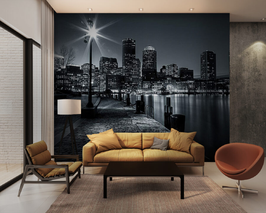 Een skyline van een stad met lichtjes op het water