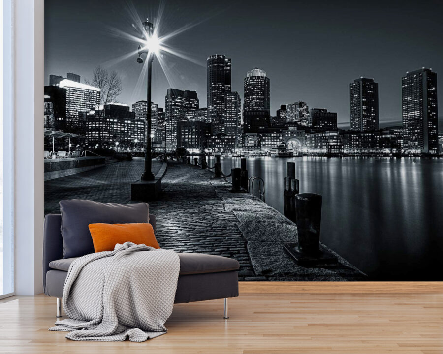 Een skyline van een stad met lichtjes op het water