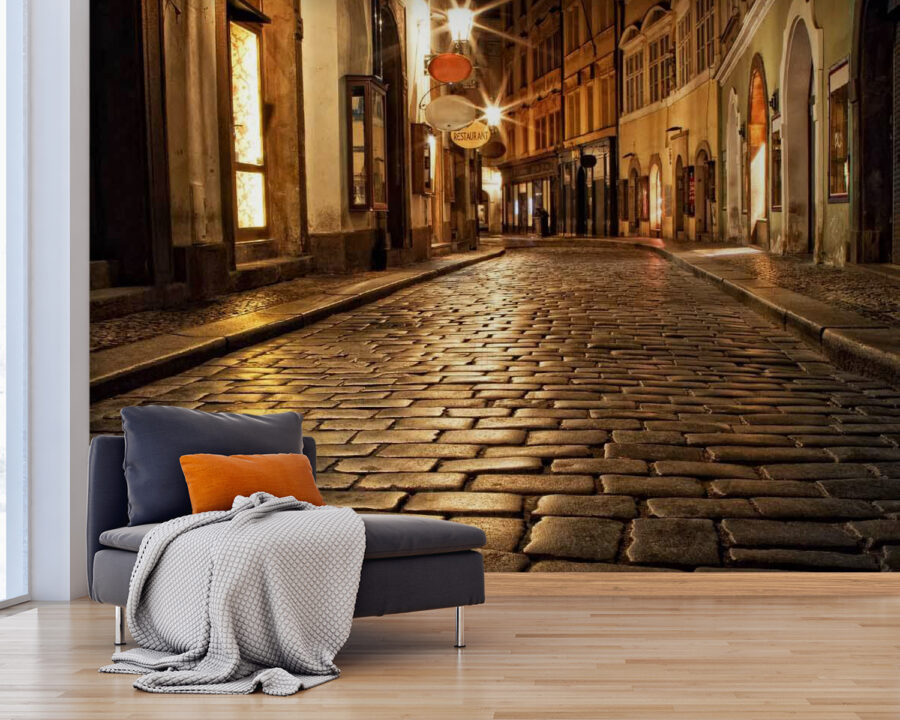 Stenen straat met gebouwen en straatverlichting