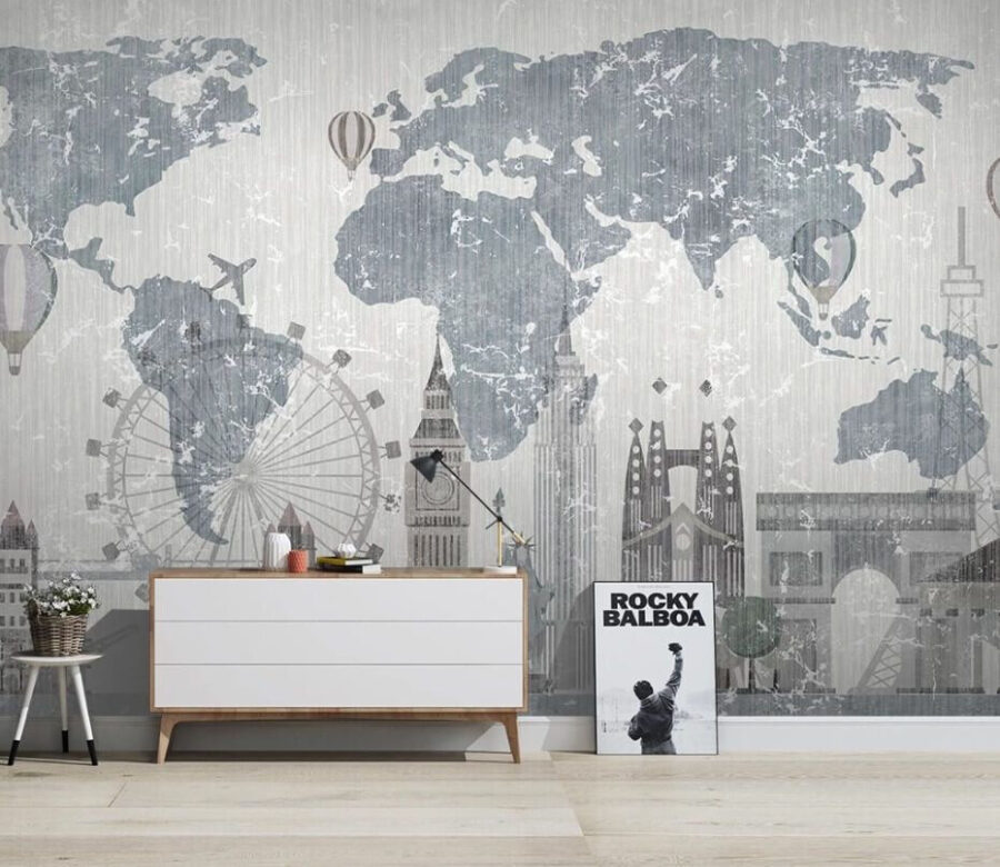Wereldkaart met gebouwen en een reuzenrad