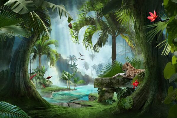 Luipaard liggend op een bankje in de jungle Luipaard liggend op een bankje in de jungle