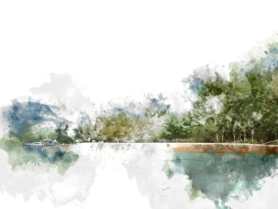 Aquarel van een meer met bomen en bergen op de achtergrond