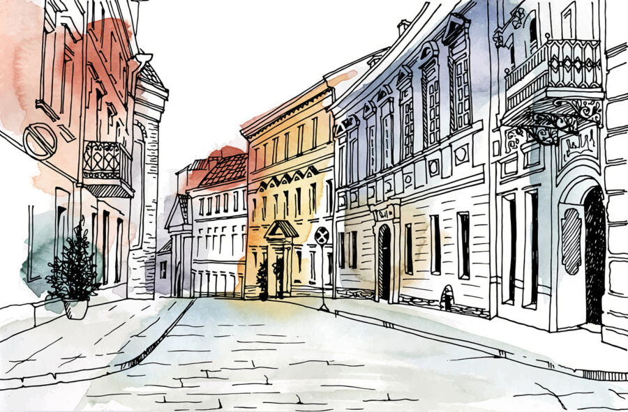 Tekening van een straat met gebouwen