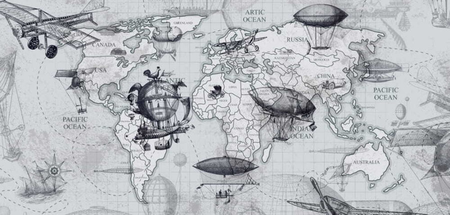 Kaart van de wereld met verschillende soorten luchtballonnen