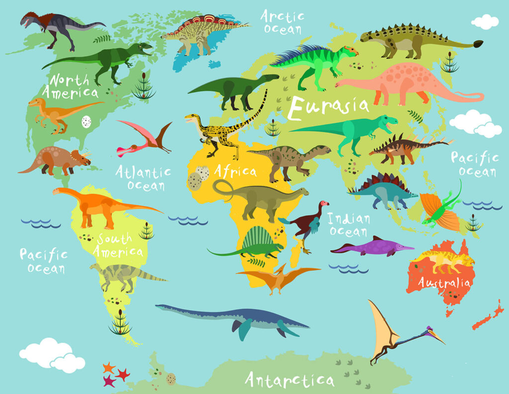 Kaart van dinosaurussen met witte tekst Kaart van dinosaurussen met witte tekst