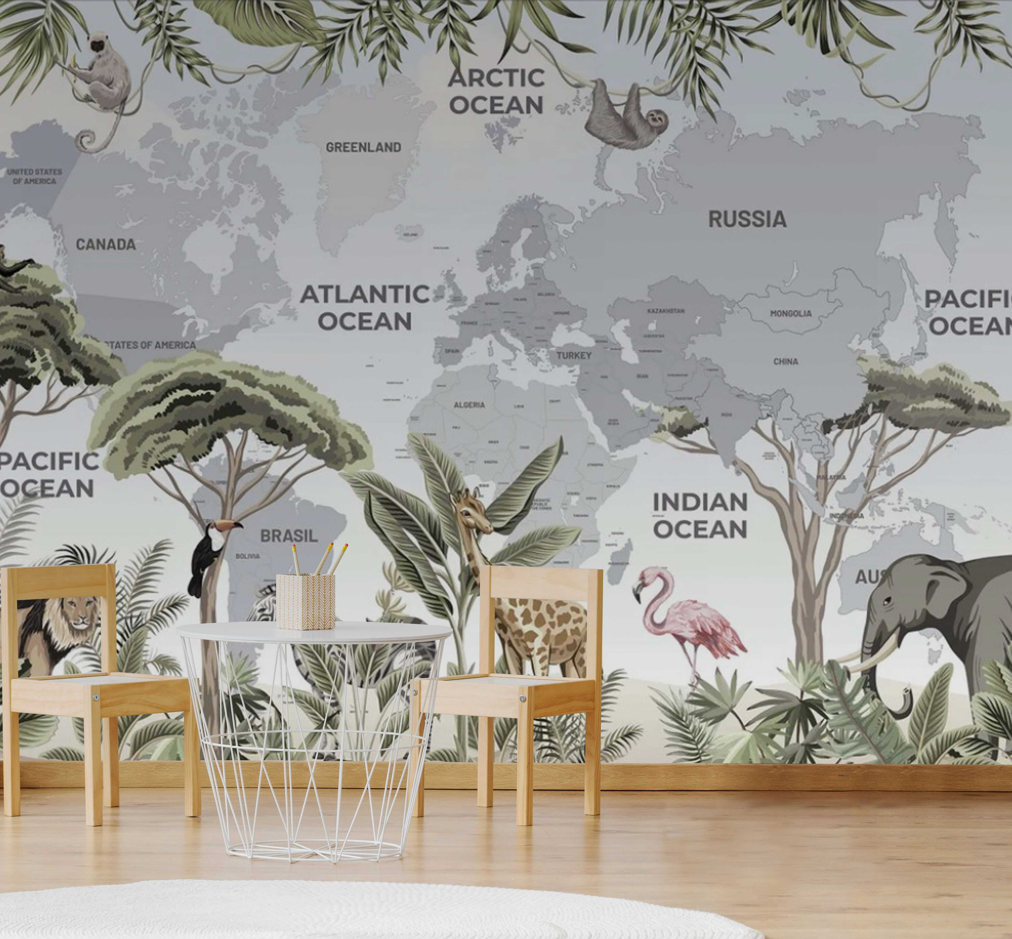 Map of the world with animals and birds