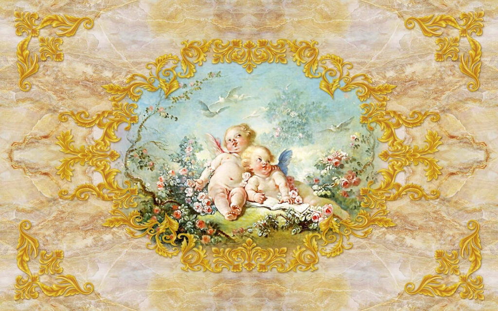 Schilderij van engelen en bloemen Schilderij van engelen en bloemen