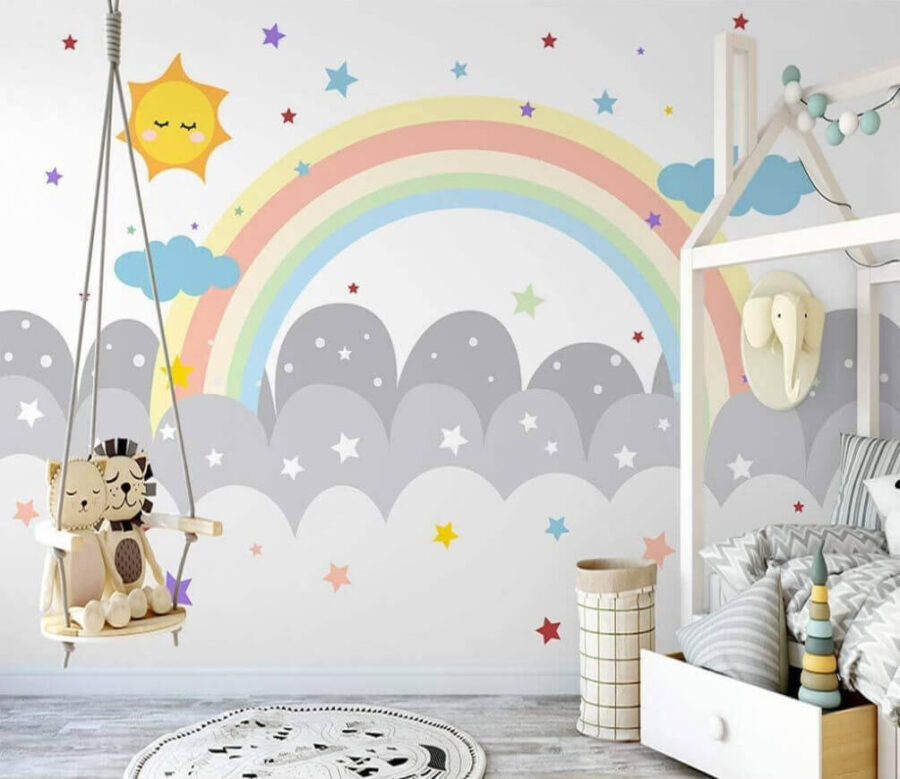 Regenboog en wolken met zon en sterren