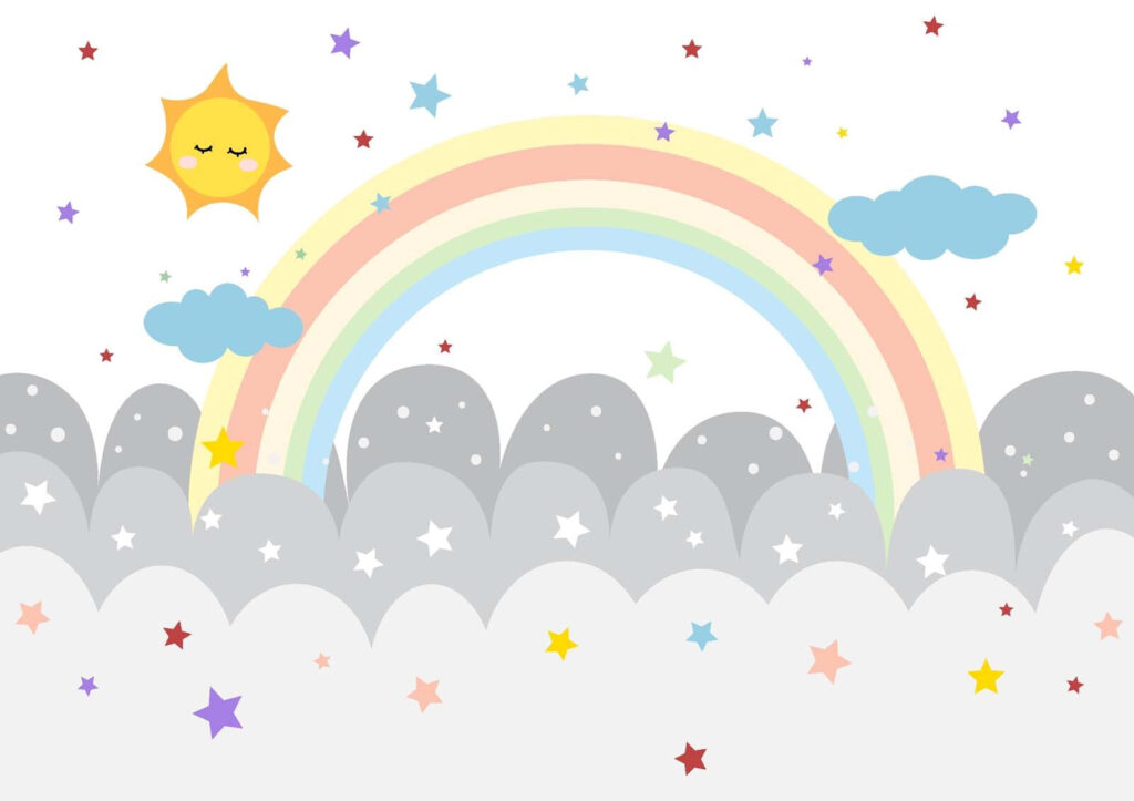 Regenboog en wolken met zon en sterren Regenboog en wolken met zon en sterren