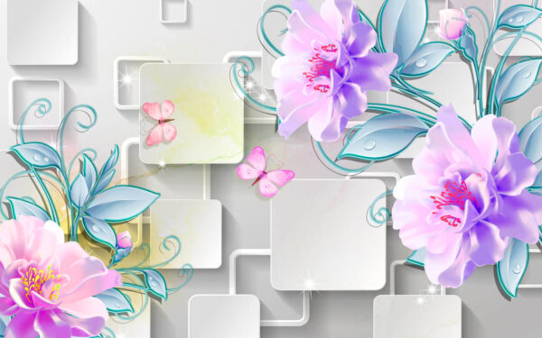 Behang met bloemen en vlinders Behang met bloemen en vlinders