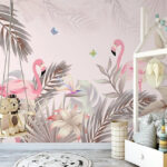 Fotobehang Roze flamingo's en bloemen