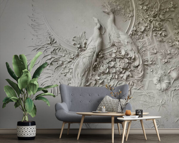 Witte muur met een paar vogels en bloemen Witte muur met een paar vogels en bloemen