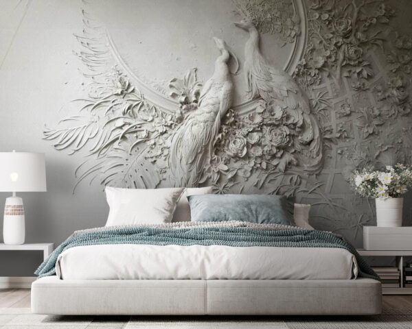 Witte muur met een paar vogels en bloemen Witte muur met een paar vogels en bloemen