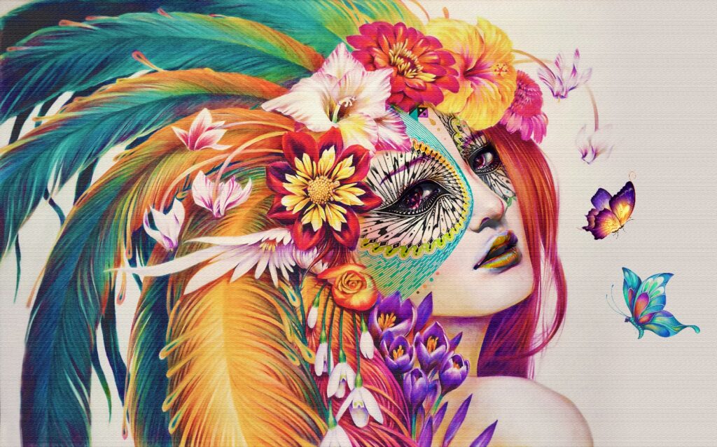 Vrouw met kleurrijke veren en bloemen Vrouw met kleurrijke veren en bloemen