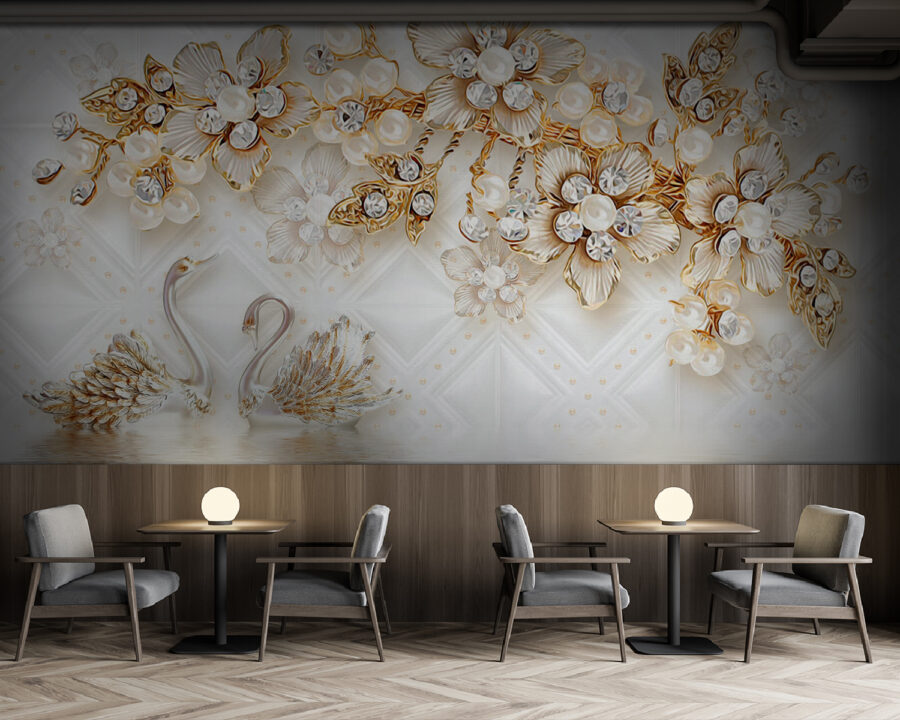 Behang met zwanen en bloemen