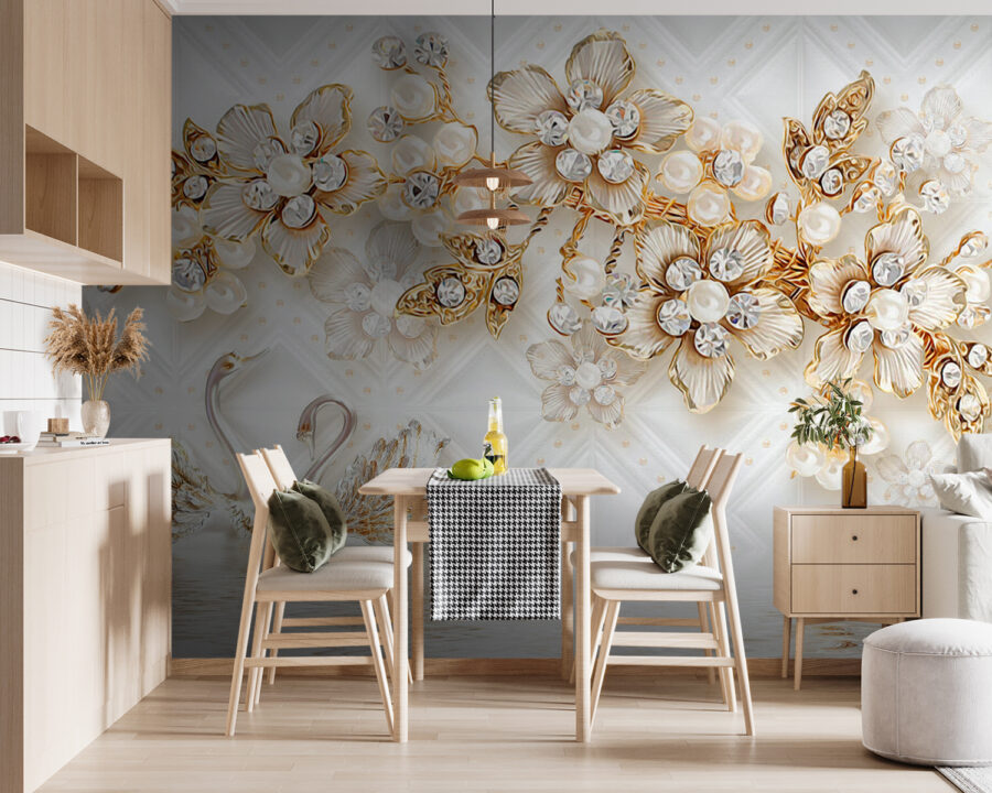 Behang met zwanen en bloemen