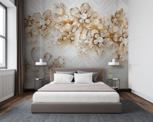 Behang met zwanen en bloemen Behang met zwanen en bloemen
