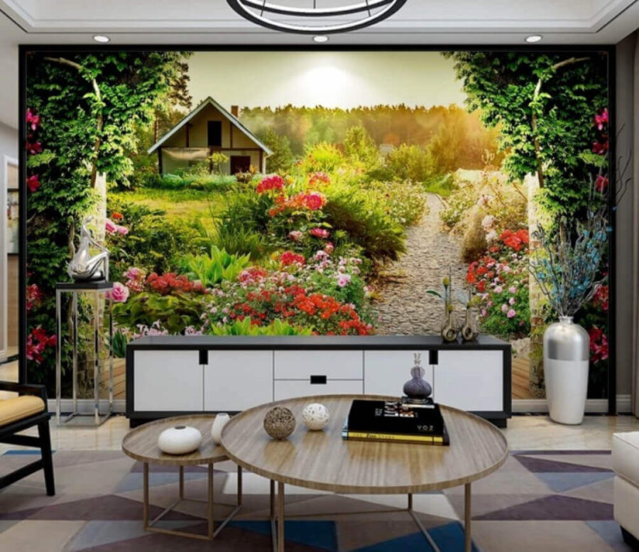 Tuin met bloemen en een huis Tuin met bloemen en een huis
