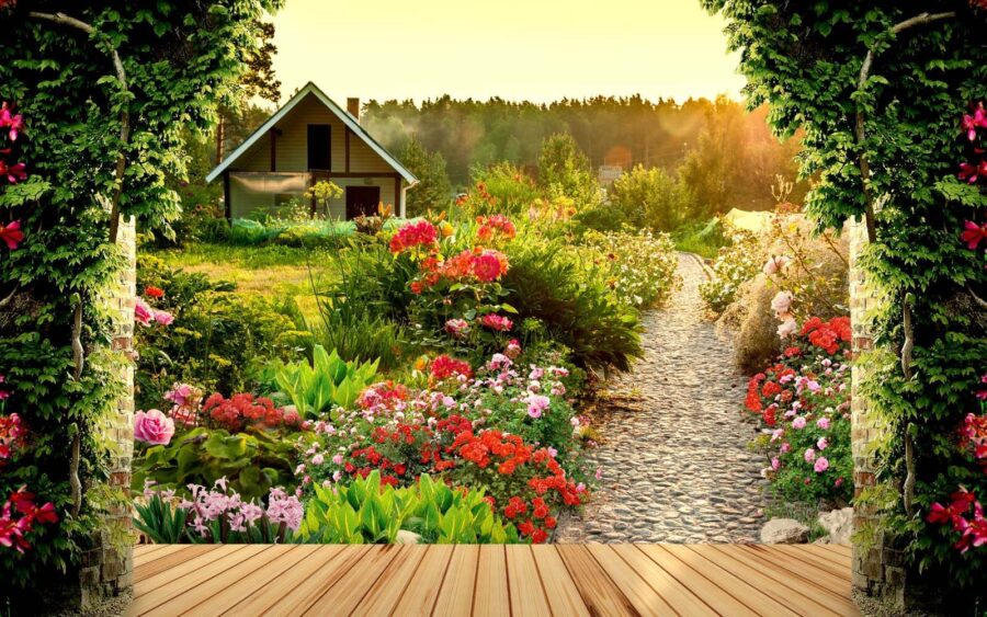 Tuin met bloemen en een huis Tuin met bloemen en een huis