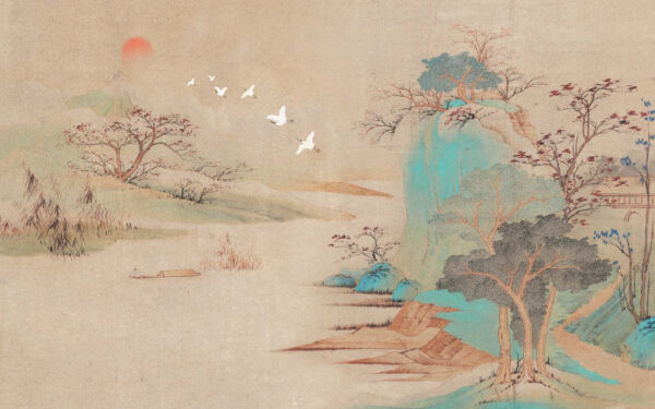 Schilderij van een landschap met bomen en vliegende vogels Schilderij van een landschap met bomen en vliegende vogels