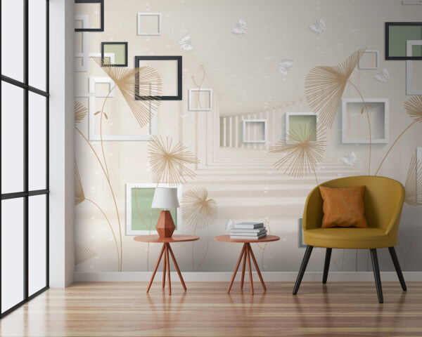 Behang met witte en bruine bloemen en vlinders Behang met witte en bruine bloemen en vlinders
