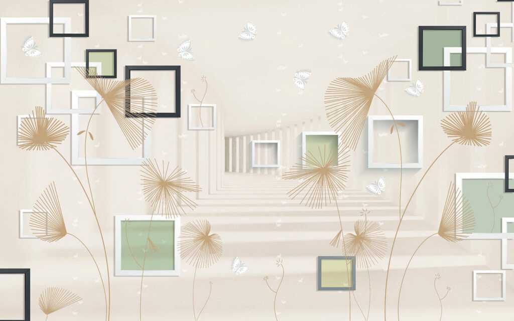 Behang met witte en bruine bloemen en vlinders Behang met witte en bruine bloemen en vlinders