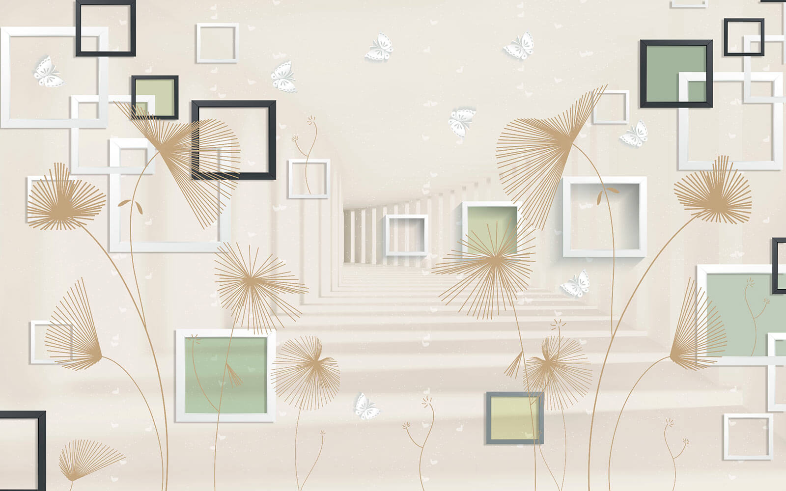 u40860p - Behang met witte en bruine bloemen en vlinders - tegory