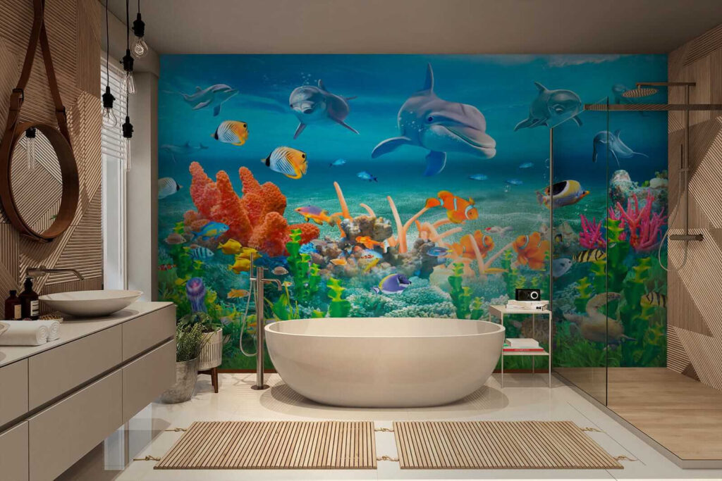 Group of fish and dolphins swimming in the ocean Group of fish and dolphins swimming in the ocean