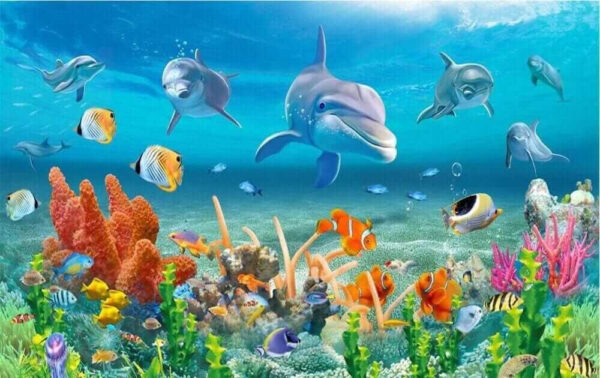 Groep vissen en dolfijnen zwemmend in de oceaan Groep vissen en dolfijnen zwemmend in de oceaan