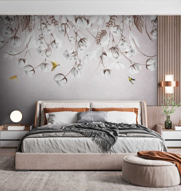 Bird flying over cotton flowers