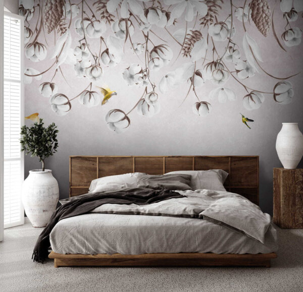 Bird flying over cotton flowers