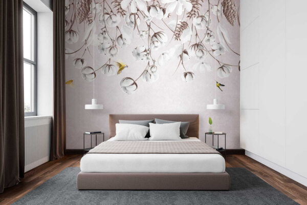 Bird flying over cotton flowers