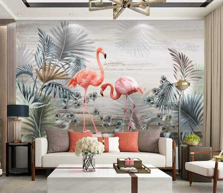 Group of flamingos in a forest