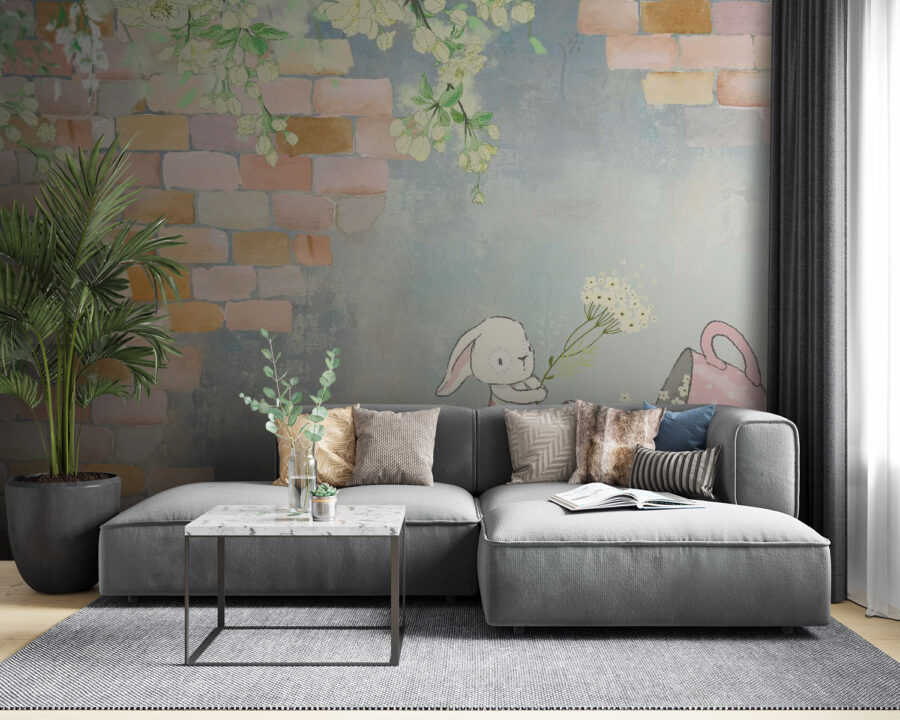 Fotobehang Cartoon konijn en een huis met bloemen - Afbeelding 3