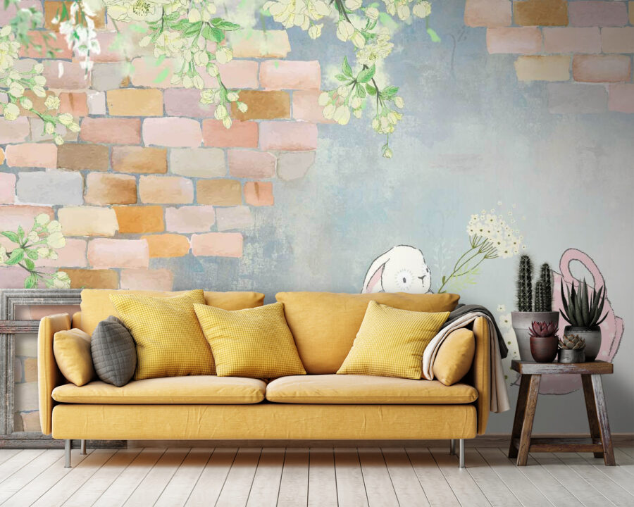 Fotobehang Cartoon konijn en een huis met bloemen - Afbeelding 2