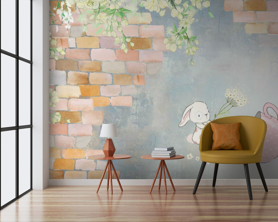 Fotobehang Cartoon konijn en een huis met bloemen