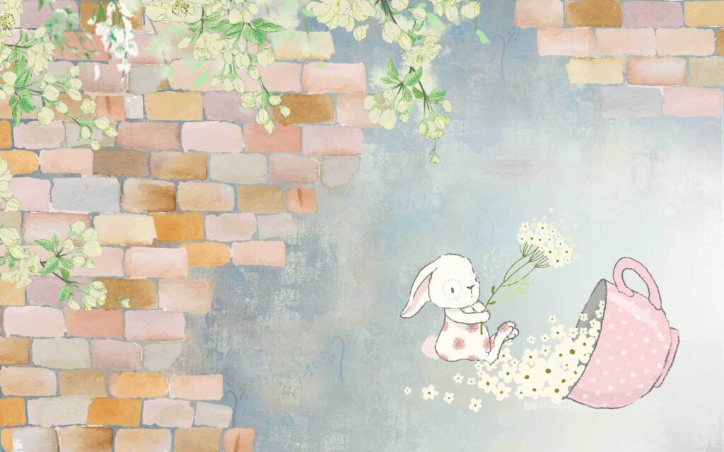 Cartoon konijn en een huis met bloemen Cartoon konijn en een huis met bloemen