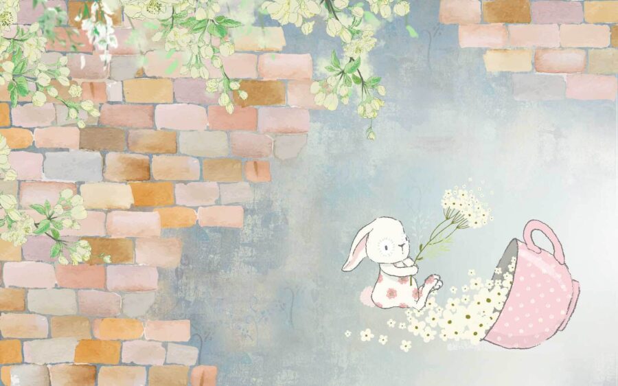 Fotobehang Cartoon konijn en een huis met bloemen - Afbeelding 4