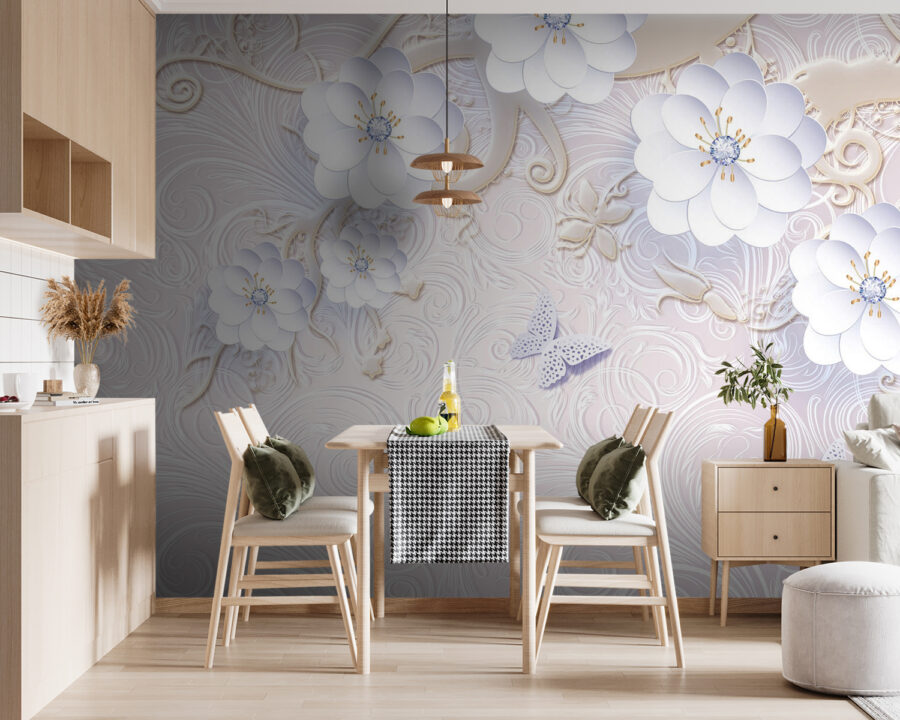 Behang met witte bloemen en vlinders