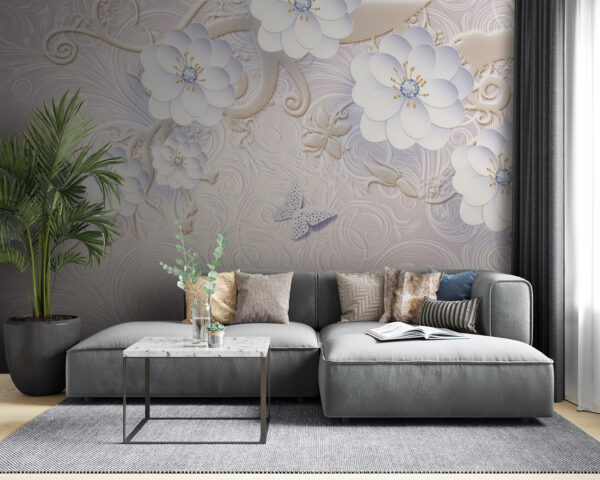 Behang met witte bloemen en vlinders Behang met witte bloemen en vlinders