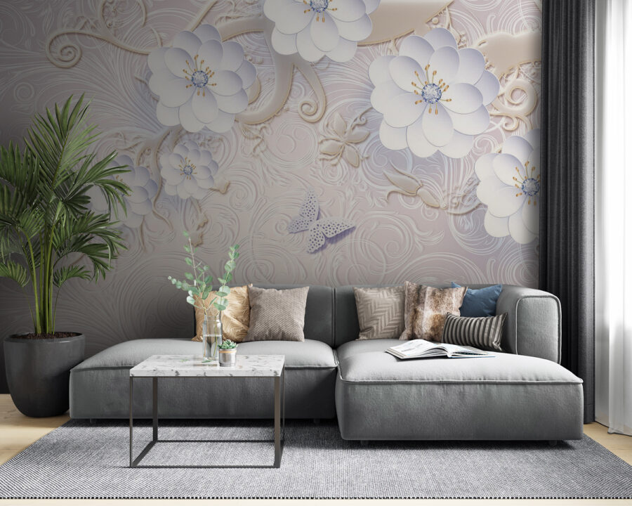 Behang met witte bloemen en vlinders