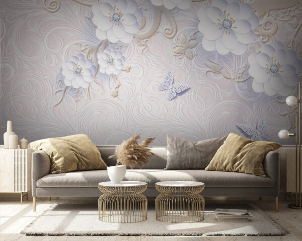 Behang met witte bloemen en vlinders Behang met witte bloemen en vlinders