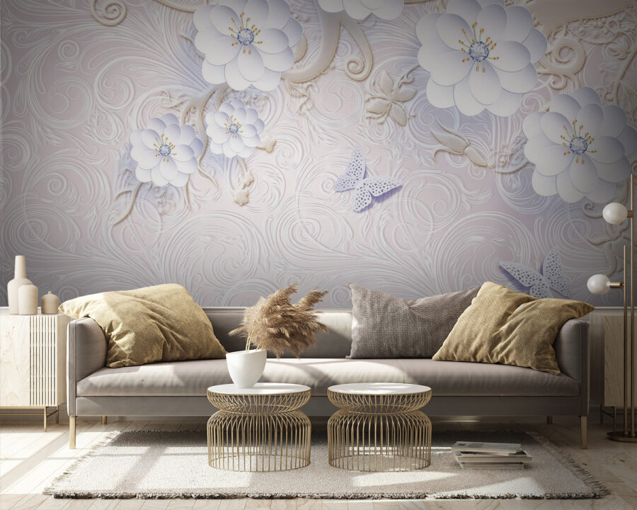Behang met witte bloemen en vlinders