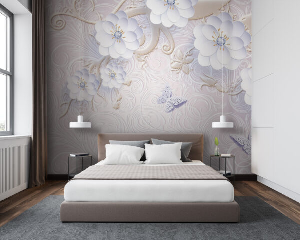 Behang met witte bloemen en vlinders Behang met witte bloemen en vlinders