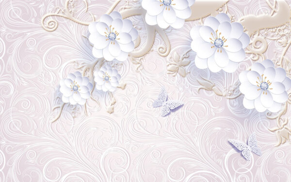 Behang met witte bloemen en vlinders Behang met witte bloemen en vlinders