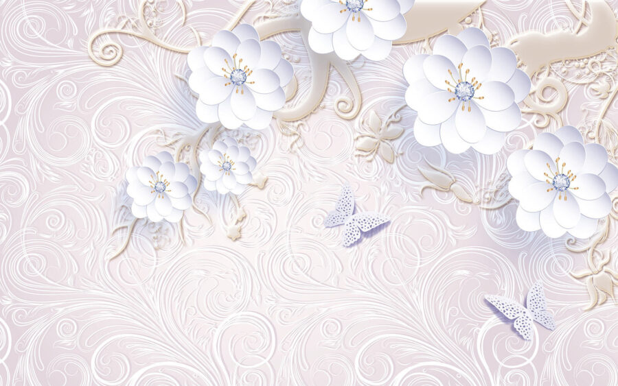 Behang met witte bloemen en vlinders