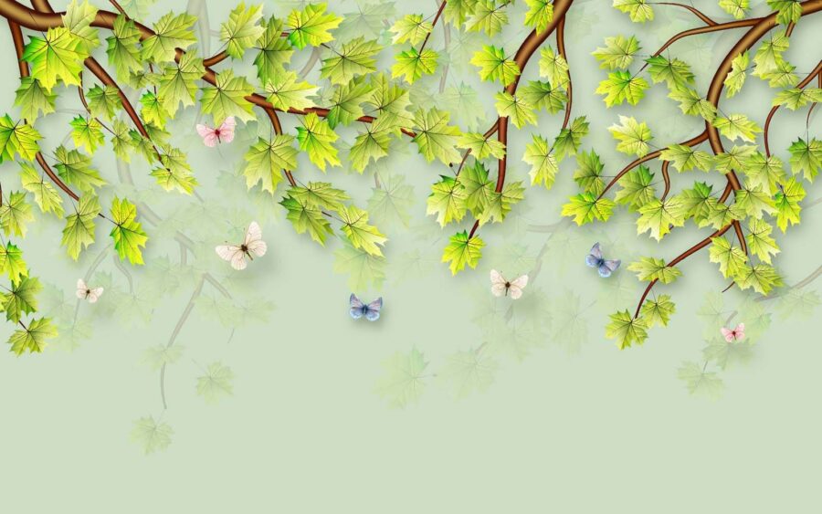 Groene bladeren en vlinders op een witte achtergrond