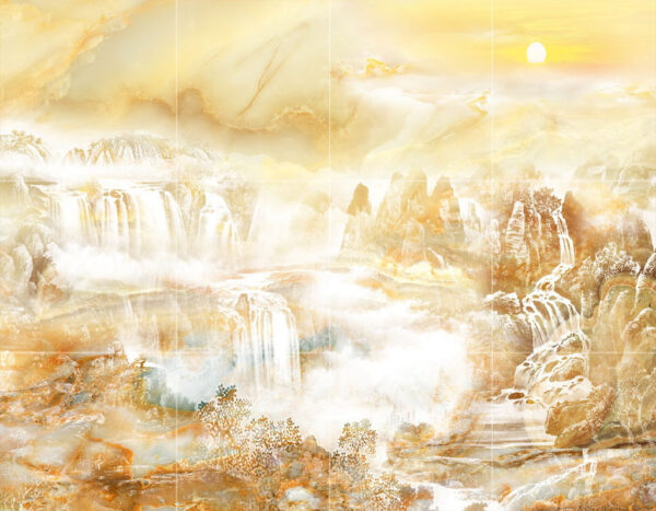 Schilderij van een waterval en bergen Schilderij van een waterval en bergen
