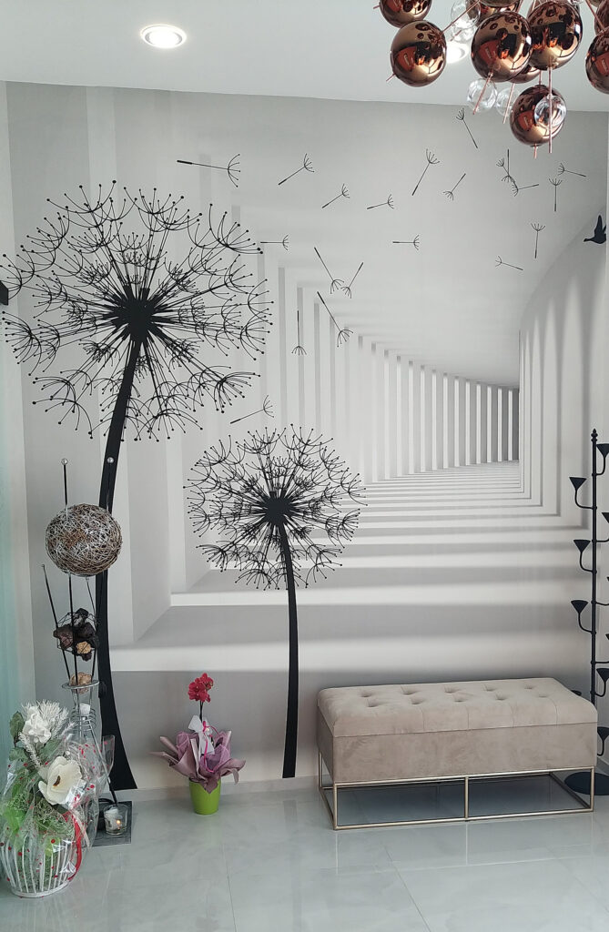 White room with trees and birds flying White room with trees and birds flying